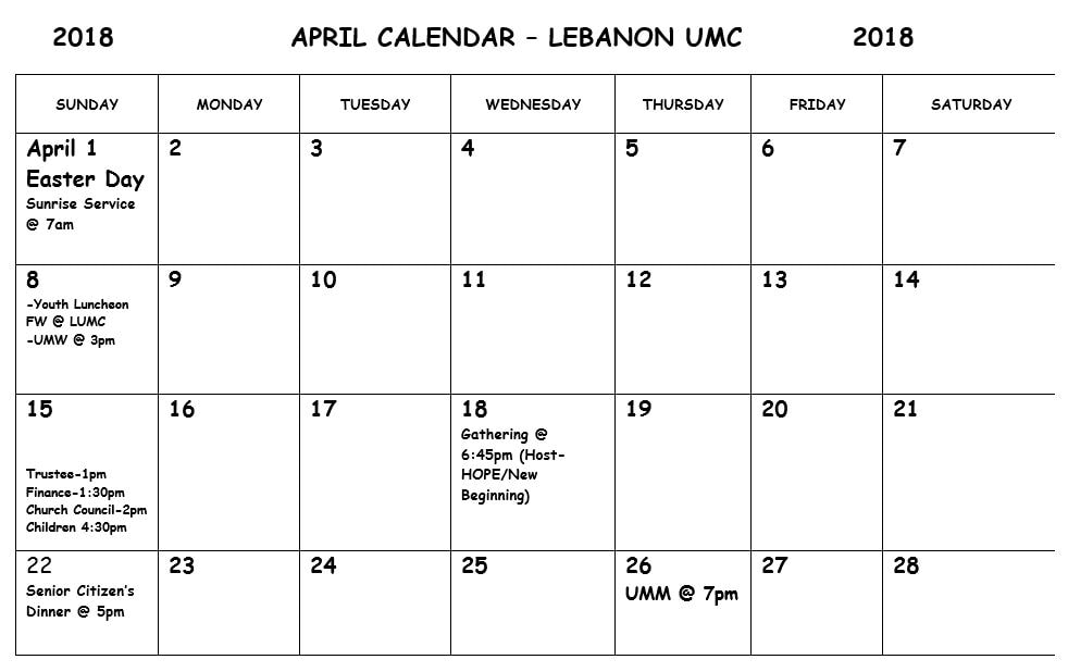 Monthly Calendar - Lebanon United Methodist Church